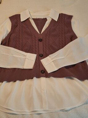 Women's Mauve Cable-Knit Button Vest with White Blouse Layered Look